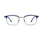 Front angle of blue eyeglasses on a white background.