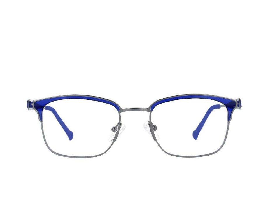 Front angle of blue eyeglasses on a white background.
