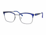 Side angle of blue eyeglasses on a white background.