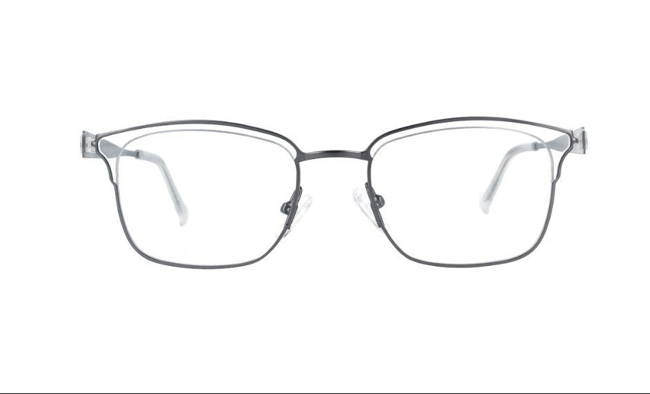 A pair of semi-rimless eyeglasses with a thin dark gray metal frame and clear lenses, shown against a solid white background.