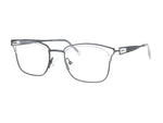 Side angle of grey eyeglasses with adjustable nosepad on a white background.
