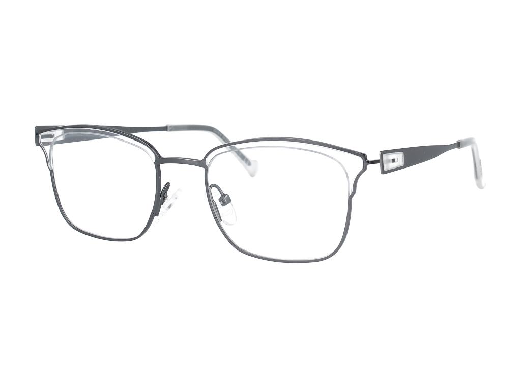 Side angle of grey eyeglasses with adjustable nosepad on a white background.