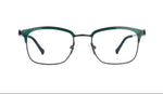 Front angle of green eyeglasses with adjustable nosepad on a white background.