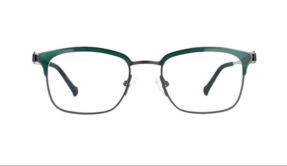 Front angle of green eyeglasses with adjustable nosepad on a white background.
