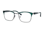 Side angle of green eyeglasses on a white background.