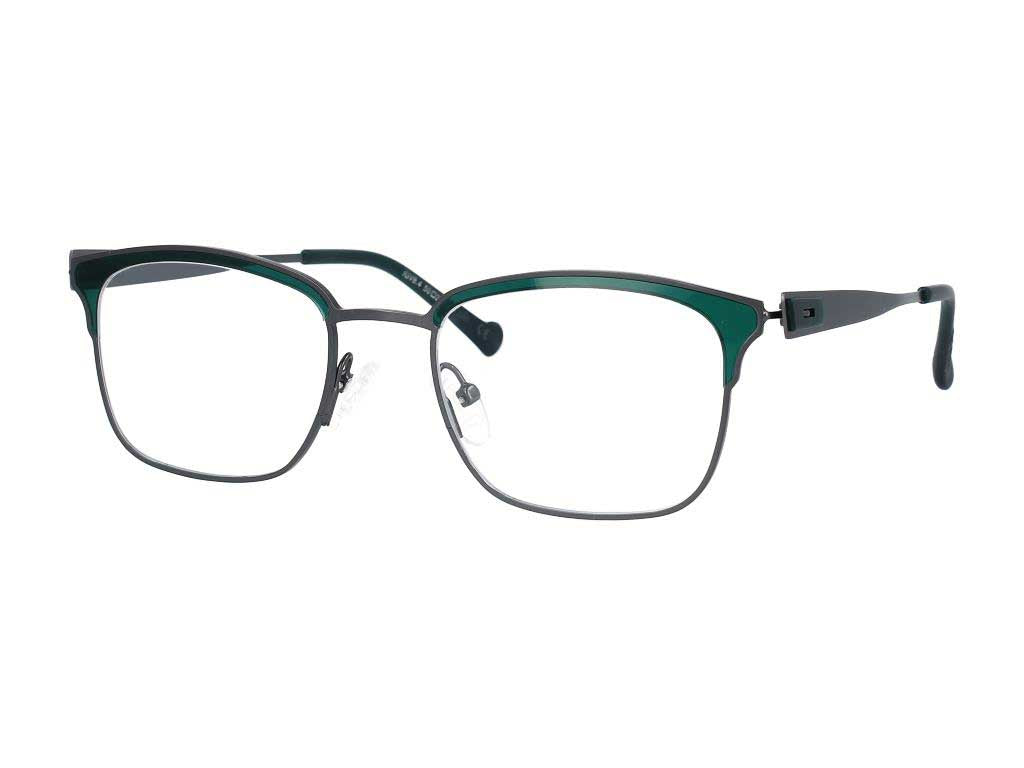 Side angle of green eyeglasses on a white background.