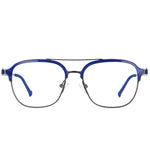 A pair of aviator-style eyeglasses with a blue acetate brow and upper frame, combined with a thin black metal lower frame and temples.