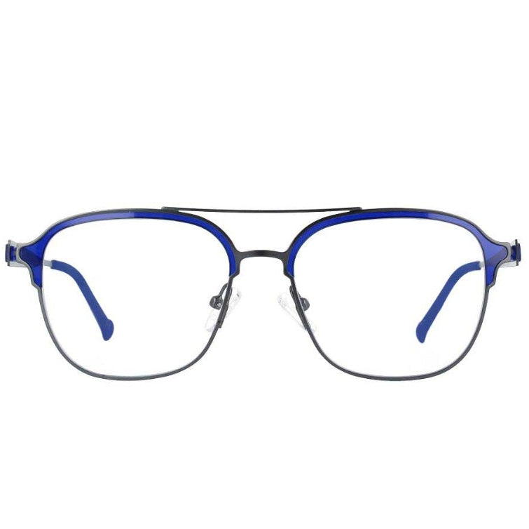 A pair of aviator-style eyeglasses with a blue acetate brow and upper frame, combined with a thin black metal lower frame and temples.