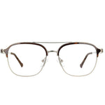 A pair of aviator-style eyeglasses with a thin double bridge, clear lenses, and tortoiseshell acetate frames with silver metal rims, shown against a plain white background.