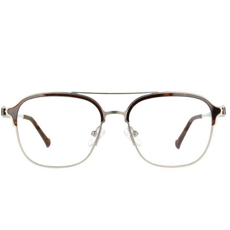 A pair of aviator-style eyeglasses with a thin double bridge, clear lenses, and tortoiseshell acetate frames with silver metal rims, shown against a plain white background.