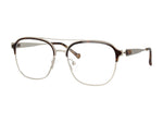 A pair of men's eyeglasses featuring a double bridge design with a silver-tone metal top bar and brown tortoiseshell acetate lower rims and temples.