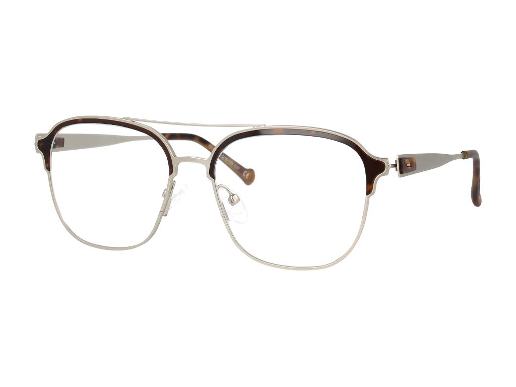 A pair of men's eyeglasses featuring a double bridge design with a silver-tone metal top bar and brown tortoiseshell acetate lower rims and temples.