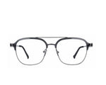 A pair of semi-transparent smoky gray acetate eyeglass frames with a double bridge and clear lenses, shown against a plain white background.