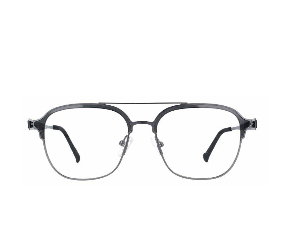 A pair of semi-transparent smoky gray acetate eyeglass frames with a double bridge and clear lenses, shown against a plain white background.