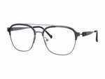 A pair of dark gray metal eyeglasses with a double bridge and clear lenses, shown from a three-quarters angle on a plain white background.