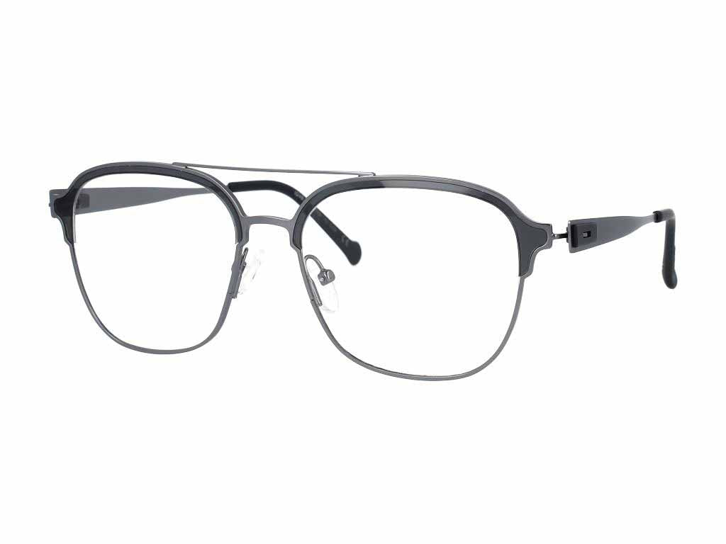 A pair of dark gray metal eyeglasses with a double bridge and clear lenses, shown from a three-quarters angle on a plain white background.
