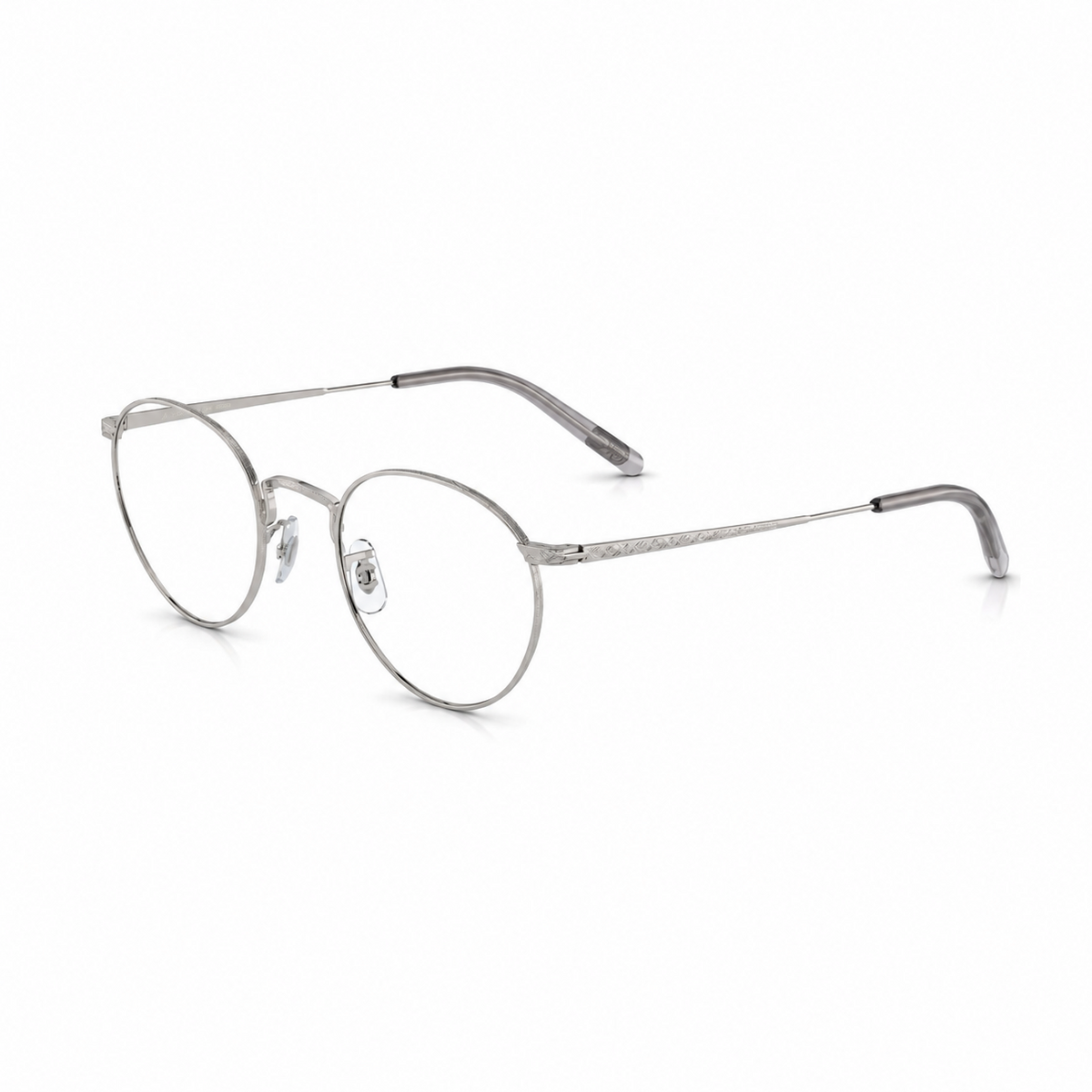 Round metal eyeglass frames in a silver finish with clear lenses, shown on a clean white background.