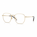 Gold metal eyeglass frames with a unique multi-sided geometric shape and dark temple tips, shown on a clean white background.