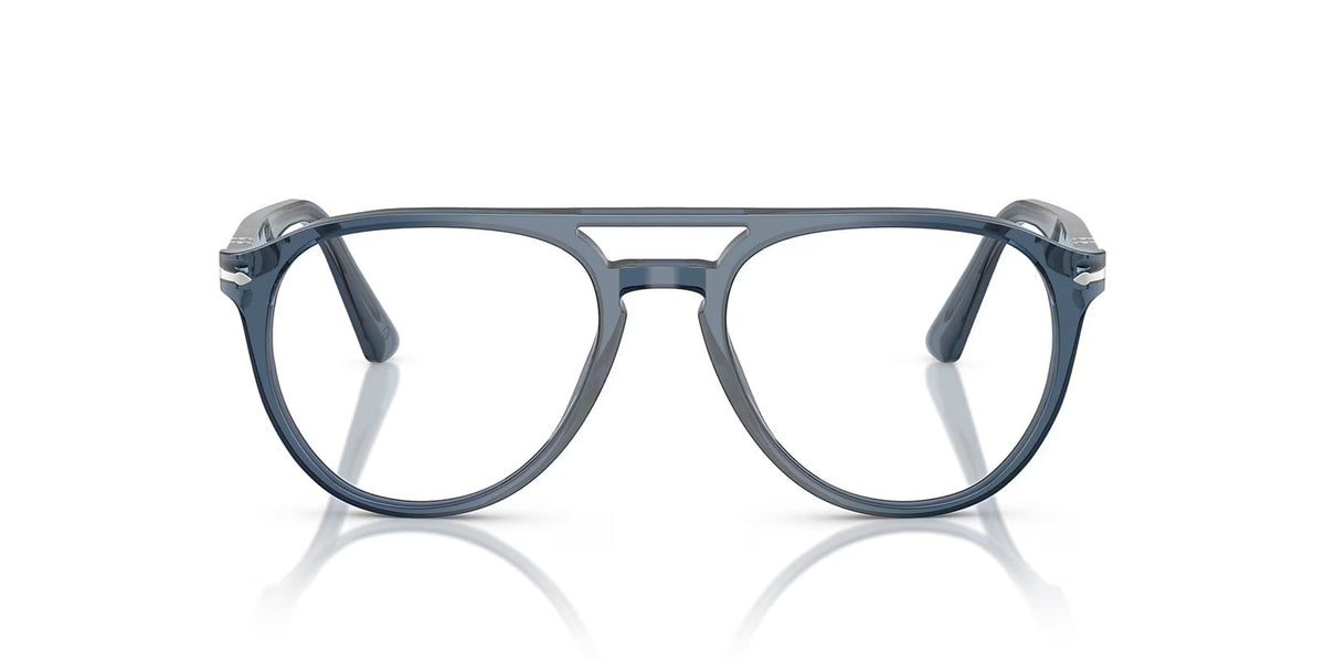 Blue-framed eyeglasses on a white background