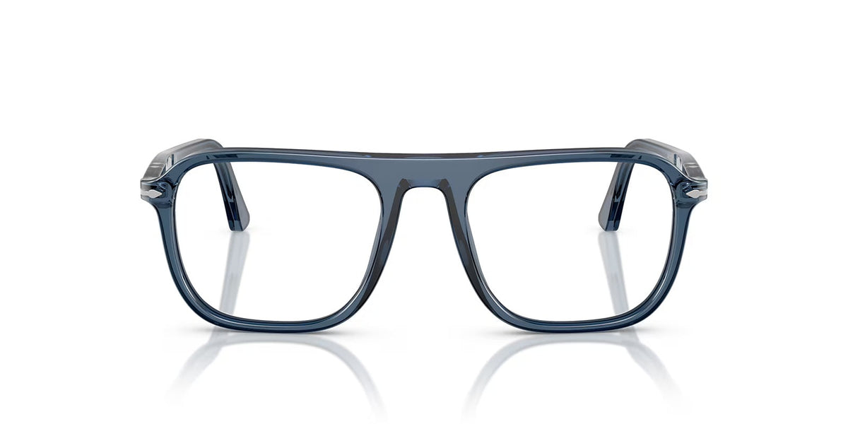 Blue Persol eyeglasses on a white background