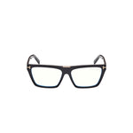 A pair of square eyeglasses with a glossy black frame and small gold metal accents on the bridge and temples, shown against a plain white background.