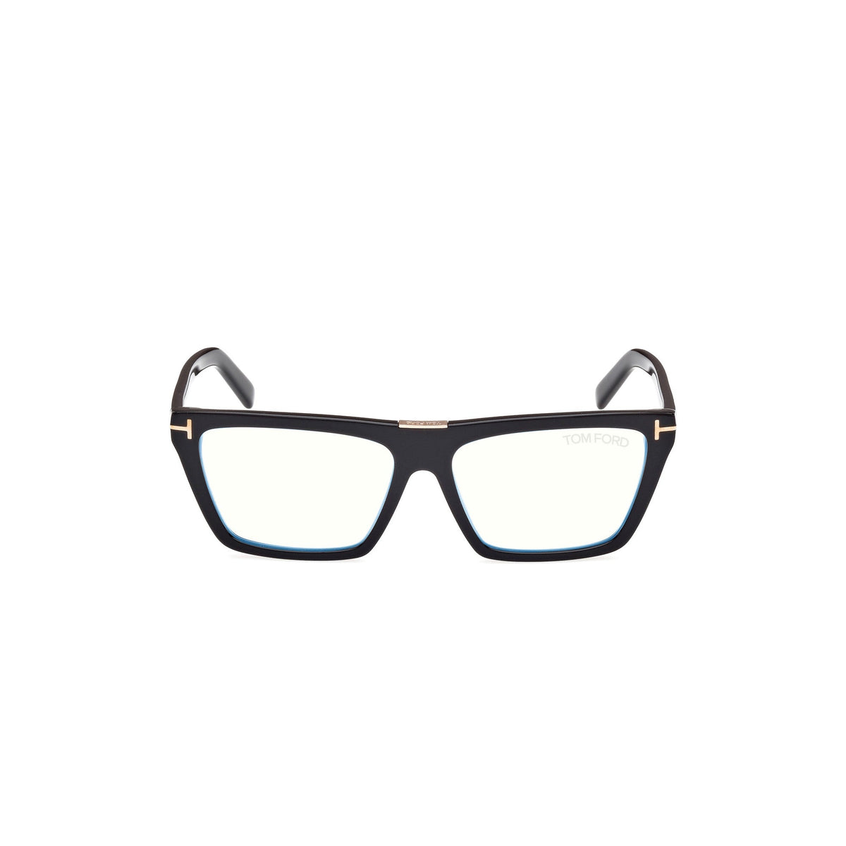 A pair of square eyeglasses with a glossy black frame and small gold metal accents on the bridge and temples, shown against a plain white background.