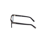 Black acetate eyeglass frames shown from a side profile view against a plain white background.