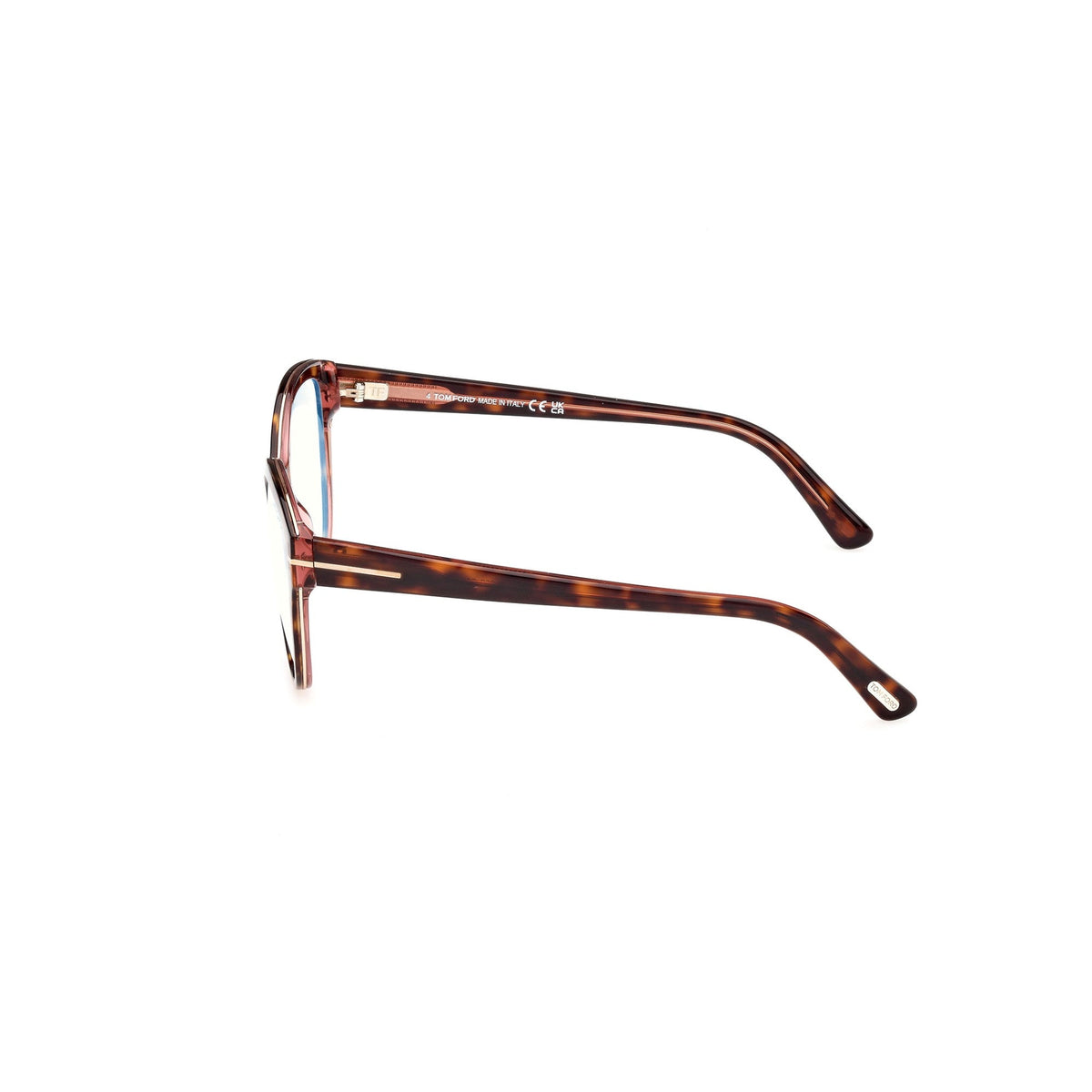 Side angle of havana-framed eyeglasses on a white background