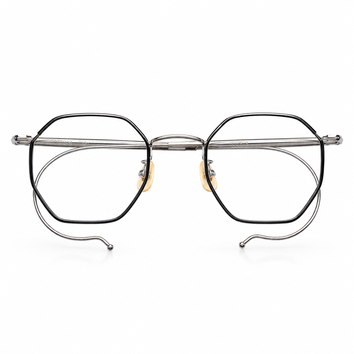 A pair of metal eyeglass frames , featuring a silver outer frame and thin silver inner metal bars. 