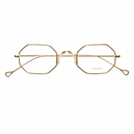 Front angle of gold framed eyeglasses on a white background. 