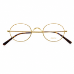 Metal eyeglass frames with thin gold rims and tortoiseshell temple arms, shown on a plain white background. 