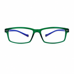 Green rectangular eyeglasses with clear lenses and blue inner temple arms, shown against a plain white background.