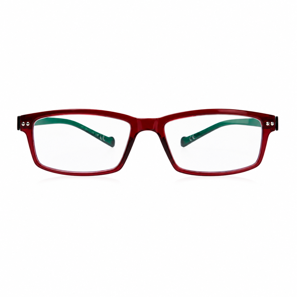 Rectangular eyeglasses with red and green frame on a white background. 