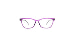 A pair of eyeglasses with a translucent purple acetate frame and clear lenses, shown against a plain white background.