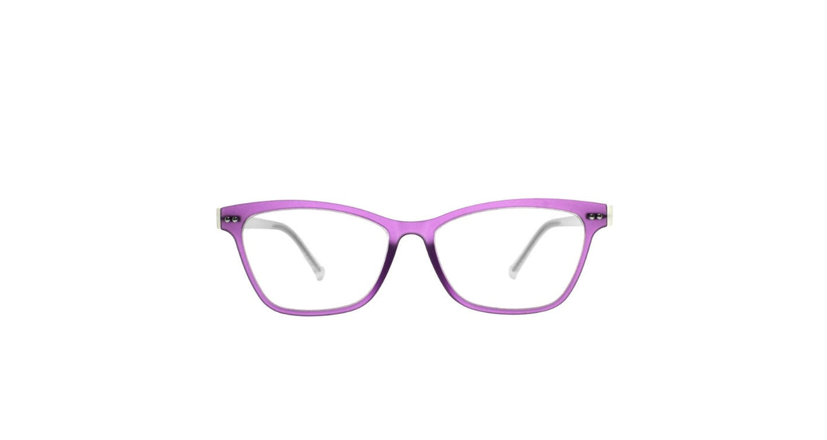 A pair of eyeglasses with a translucent purple acetate frame and clear lenses, shown against a plain white background.