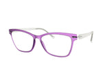 A pair of cat-eye eyeglasses featuring a translucent purple front frame and white temples, shown against a plain white background.