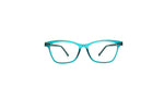 A pair of cat-eye eyeglasses with a translucent turquoise blue frame and clear lenses, shown against a plain white background.