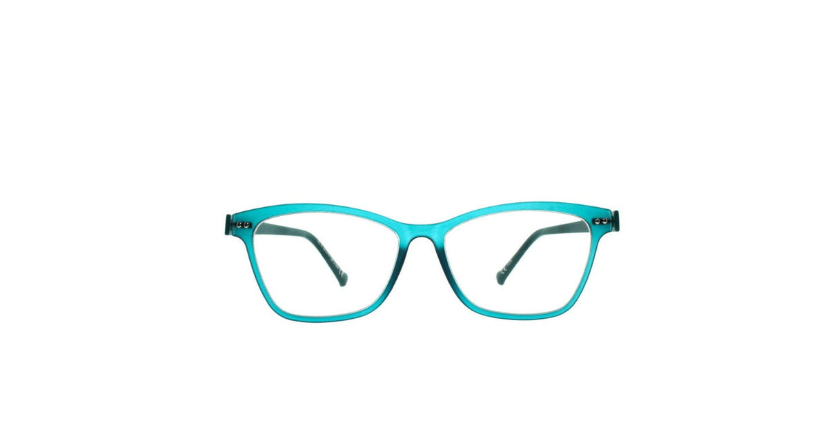 A pair of cat-eye eyeglasses with a translucent turquoise blue frame and clear lenses, shown against a plain white background.