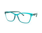 A pair of cat-eye style eyeglasses with a translucent turquoise-blue frame and dark gray temples, shown against a plain white background.