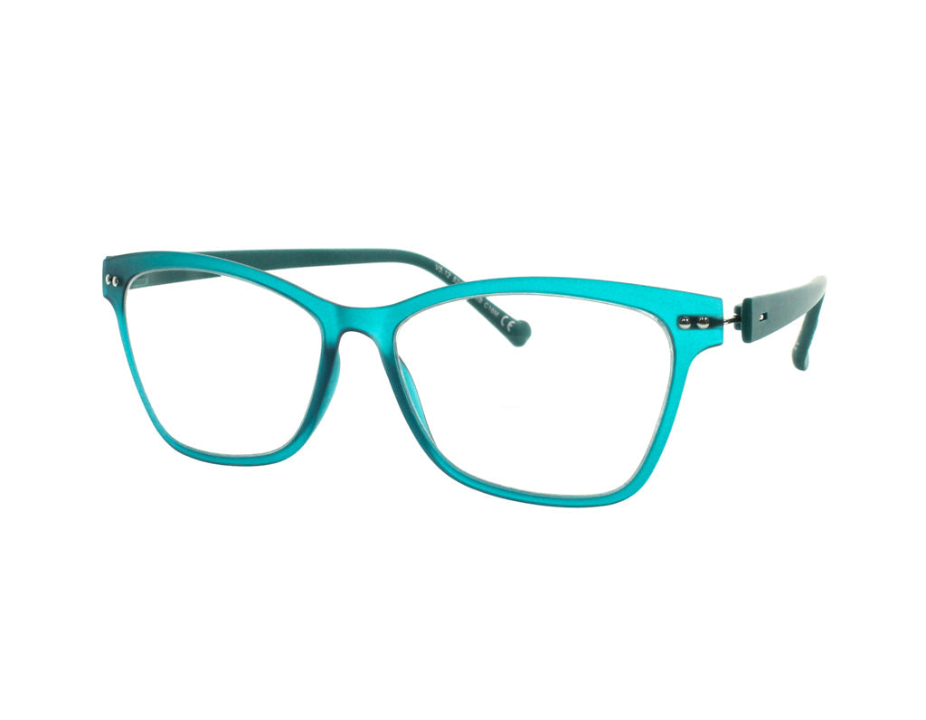 A pair of cat-eye style eyeglasses with a translucent turquoise-blue frame and dark gray temples, shown against a plain white background.
