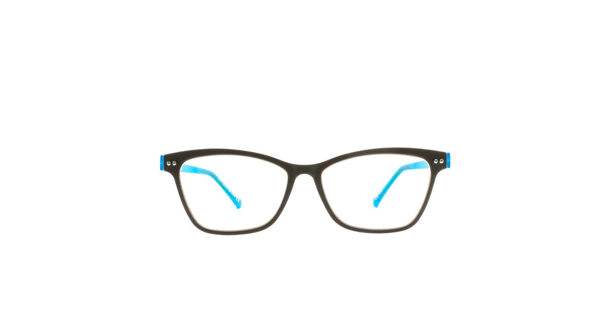 A pair of eyeglasses with a dark brown cat-eye frame and bright blue temple tips, shown against a plain white background.