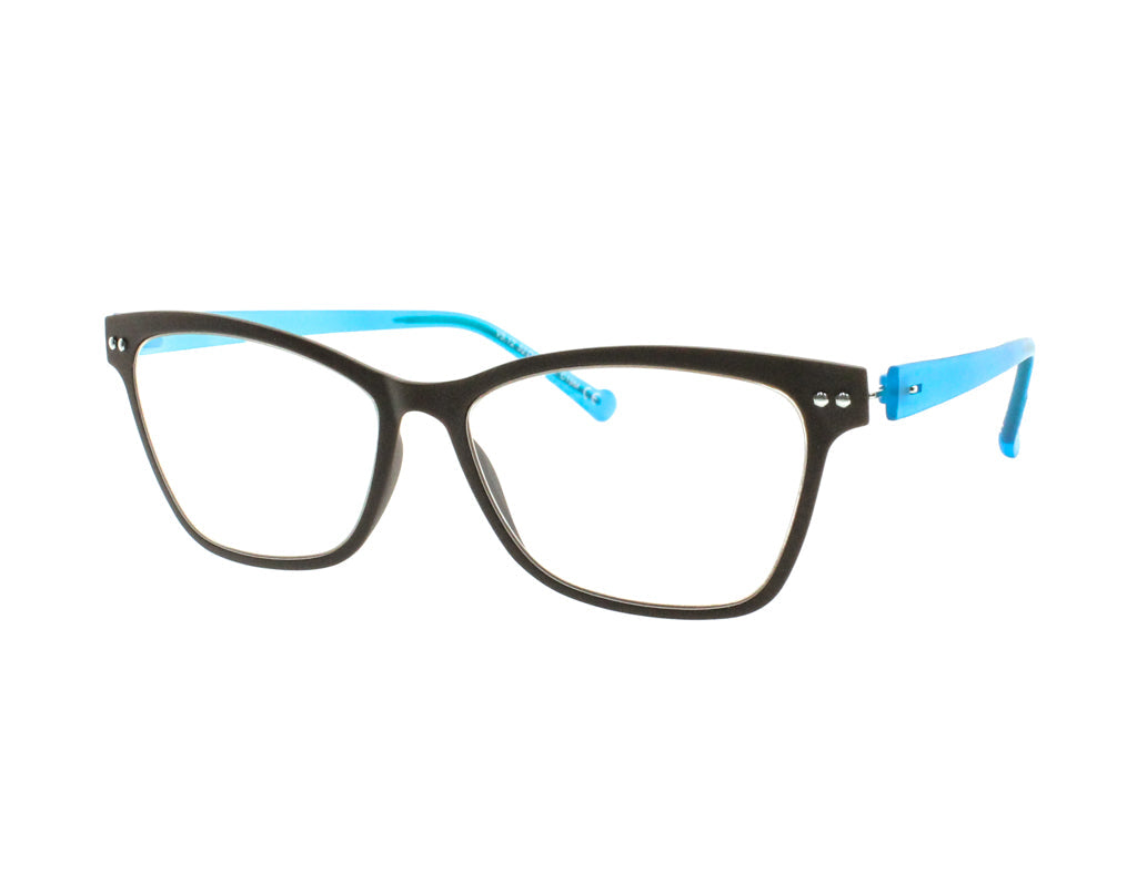 A pair of cat-eye eyeglasses with a brown acetate frame and bright blue temple tips and inner arms, shown on a plain white background.