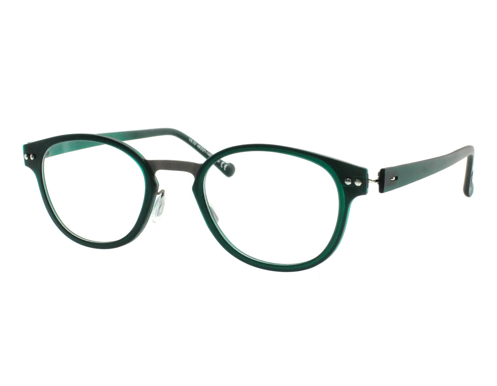 Round eyeglasses with a dark green translucent acetate frame and a thin black metal bridge, shown against a plain white background.