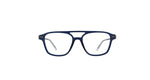 A pair of square-framed eyeglasses with a dark navy blue acetate frame and clear lenses, shown against a plain white background.