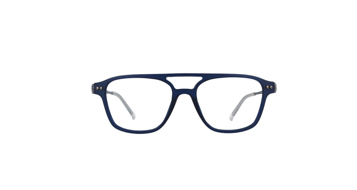 A pair of square-framed eyeglasses with a dark navy blue acetate frame and clear lenses, shown against a plain white background.
