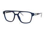 A pair of rectangular eyeglasses with a dark blue acetate frame, featuring a thin silver metal bridge and silver temple tips, shown against a plain white background.