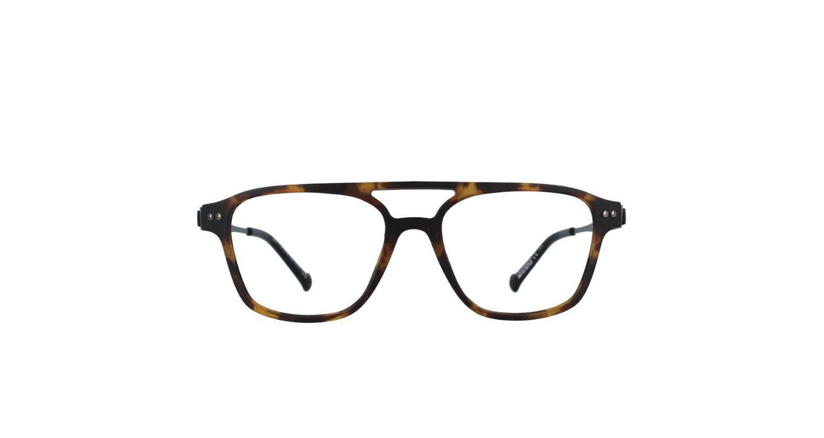 A pair of square-frame eyeglasses with a dark brown and amber tortoiseshell pattern, shown against a plain white background.