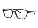 A pair of square-framed eyeglasses with a dark brown and amber tortoiseshell acetate front and slim black temples, shown on a plain white background.