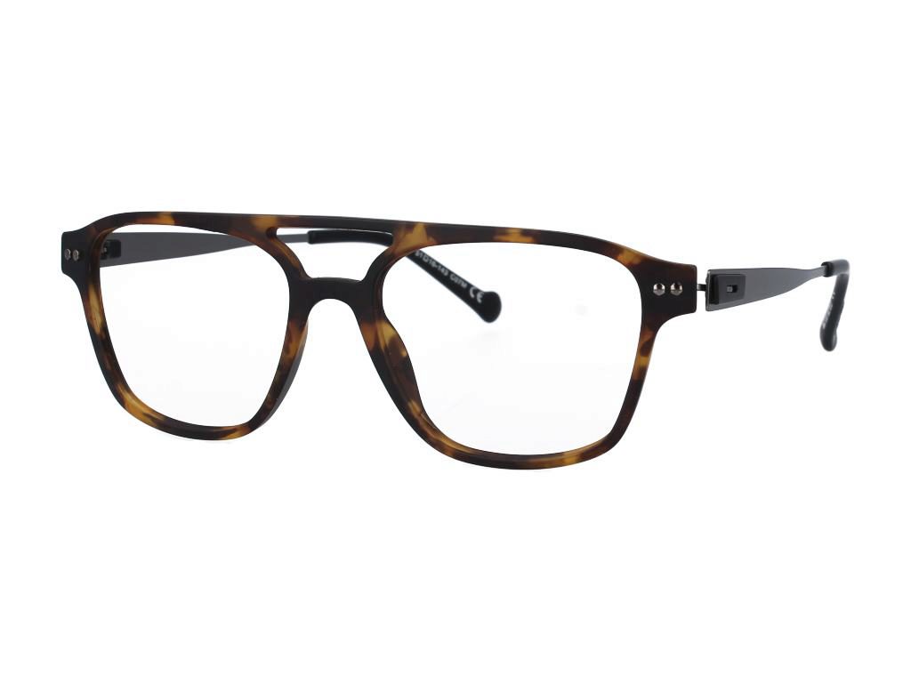 A pair of square-framed eyeglasses with a dark brown and amber tortoiseshell acetate front and slim black temples, shown on a plain white background.