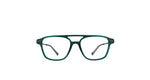 A pair of square-frame eyeglasses with a translucent dark green acetate frame and clear lenses, shown against a plain white background.